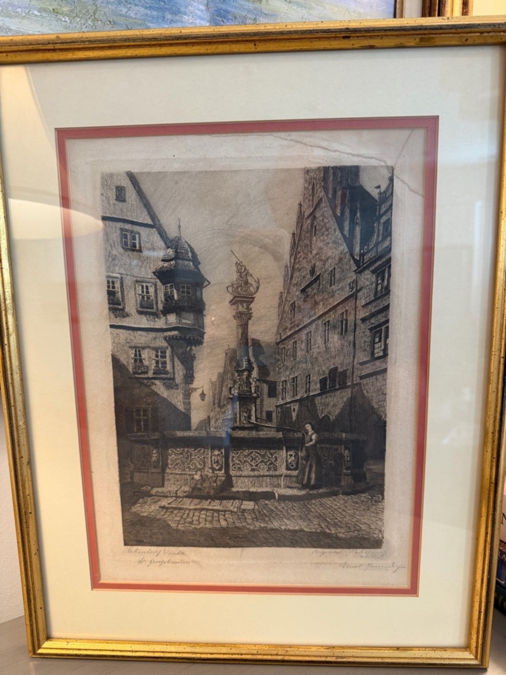 Original Rothenburg Artwork St. George Fountain Signed Framed 12x15” Image